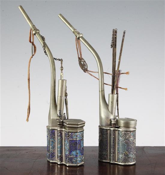 Two Chinese paktong and champlevé enamel waterpipes, c.1900, 26 and 27cm